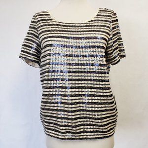 Chico's striped blue Sequin white crochet blouse